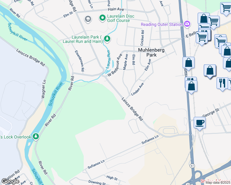 map of restaurants, bars, coffee shops, grocery stores, and more near 3022 Leiszs Bridge Road in Reading