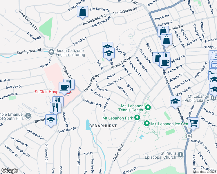 map of restaurants, bars, coffee shops, grocery stores, and more near 469 Parkview Drive in Pittsburgh