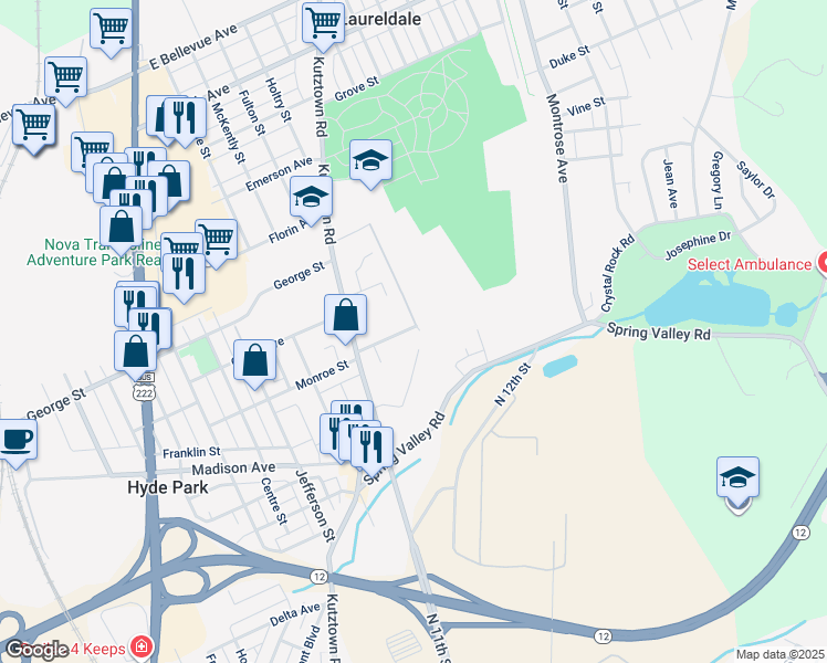 map of restaurants, bars, coffee shops, grocery stores, and more near 46 Seminary Avenue in Reading