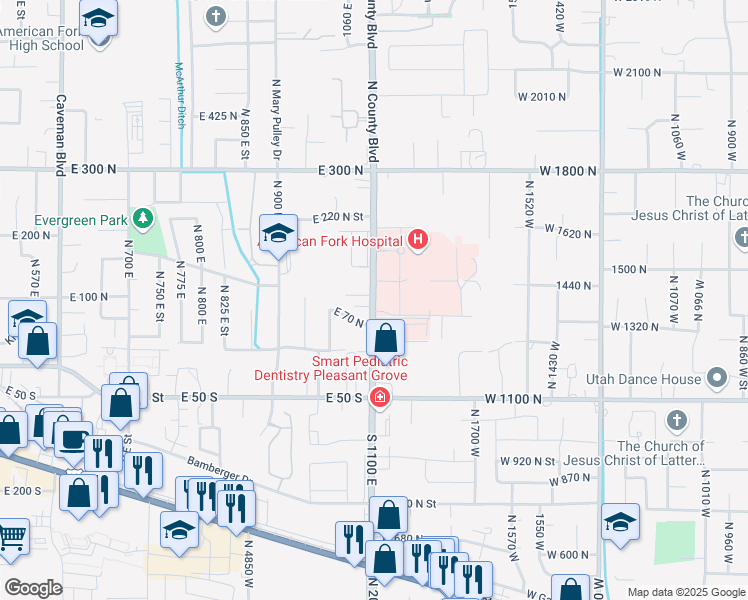 map of restaurants, bars, coffee shops, grocery stores, and more near 98 North 1100 East in American Fork