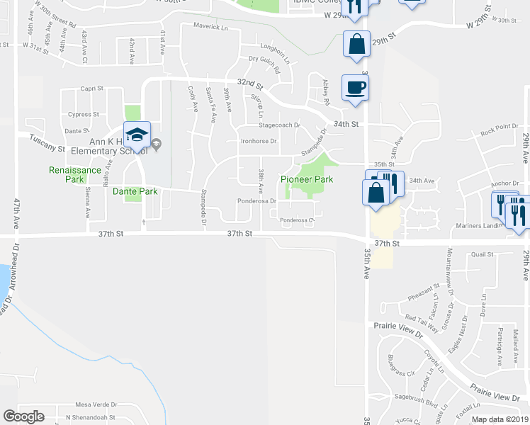 map of restaurants, bars, coffee shops, grocery stores, and more near 3758 Ponderosa Court in Evans