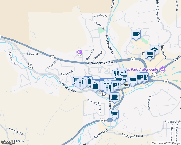 map of restaurants, bars, coffee shops, grocery stores, and more near 270 Big Horn Drive in Estes Park