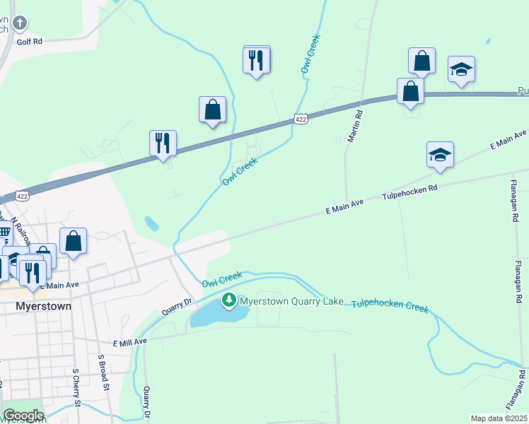 map of restaurants, bars, coffee shops, grocery stores, and more near 511 East Main Avenue in Myerstown