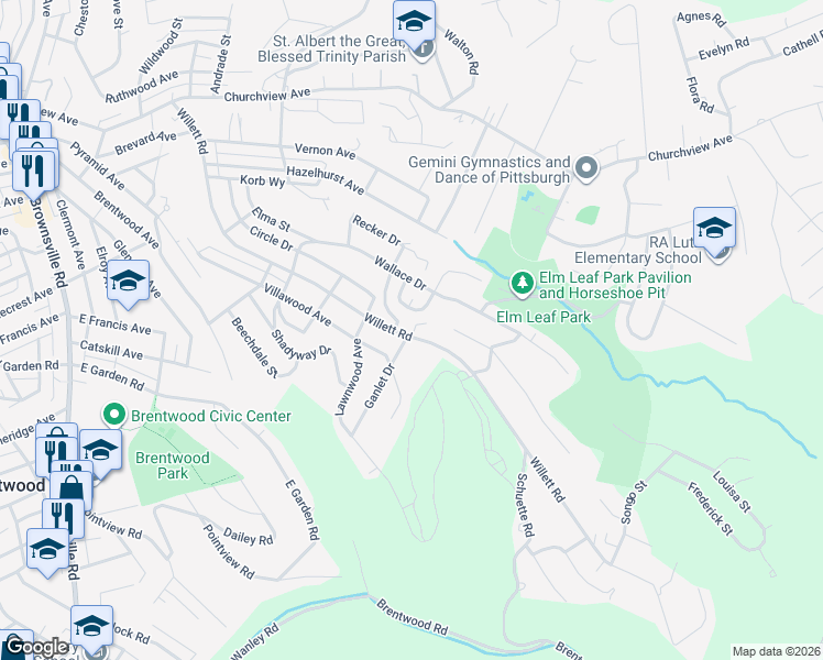 map of restaurants, bars, coffee shops, grocery stores, and more near 3504 Willett Road in Pittsburgh