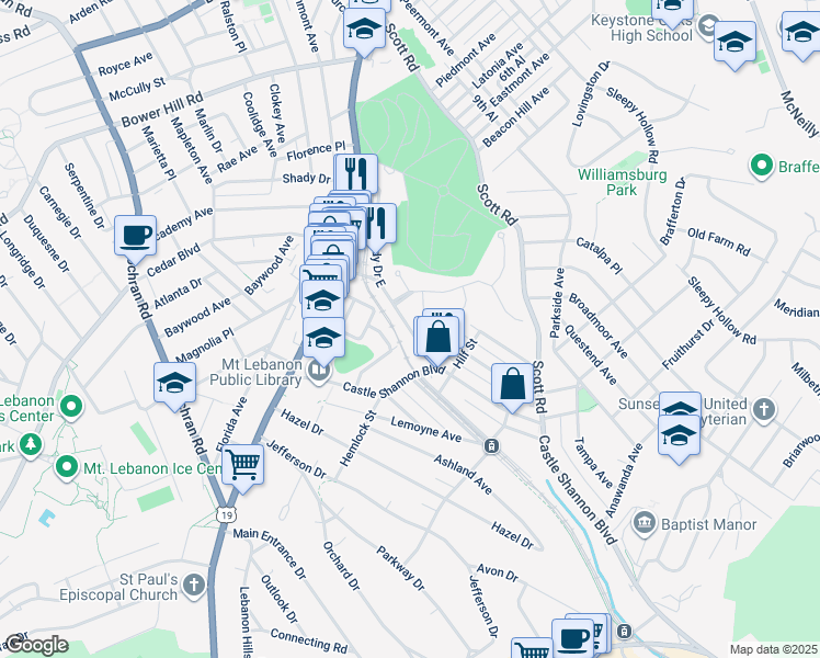 map of restaurants, bars, coffee shops, grocery stores, and more near 764 Shady Drive East in Mt. Lebanon
