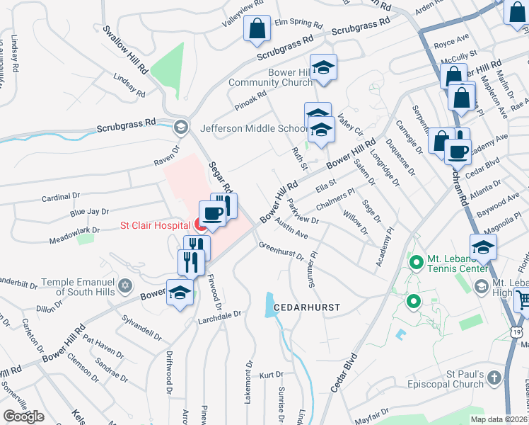 map of restaurants, bars, coffee shops, grocery stores, and more near 400 Austin Avenue in Pittsburgh