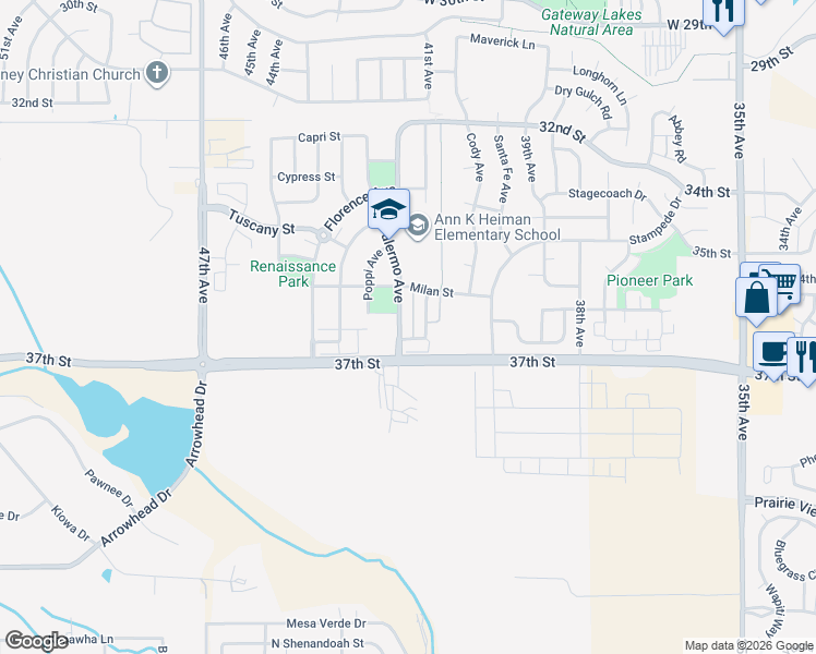 map of restaurants, bars, coffee shops, grocery stores, and more near 3622 Palermo Avenue in Evans