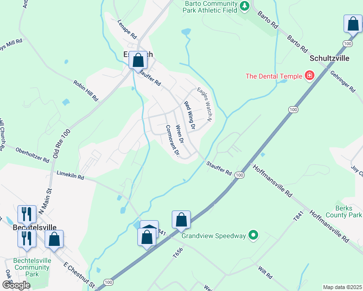 map of restaurants, bars, coffee shops, grocery stores, and more near 35 Cormorant Drive in Bechtelsville