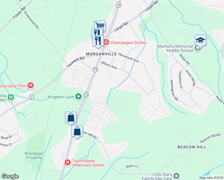 map of restaurants, bars, coffee shops, grocery stores, and more near 105 Magna Carta Drive in Marlboro