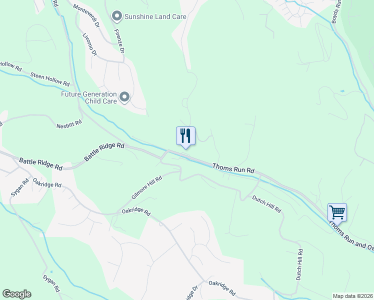 map of restaurants, bars, coffee shops, grocery stores, and more near 5021 Thoms Run Road in Oakdale