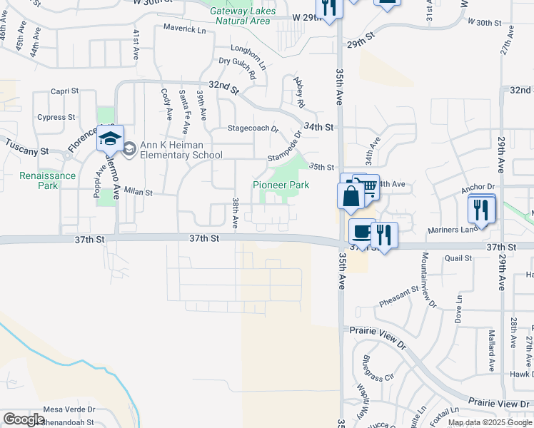 map of restaurants, bars, coffee shops, grocery stores, and more near 3666 Ponderosa Court in Evans