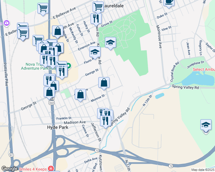 map of restaurants, bars, coffee shops, grocery stores, and more near 2915 Kutztown Road in Reading