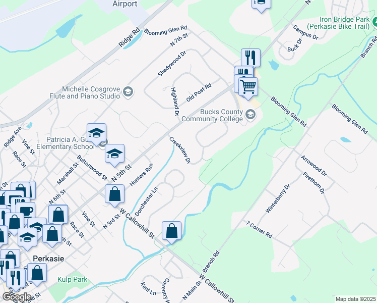 map of restaurants, bars, coffee shops, grocery stores, and more near 35 Creekview Drive in Perkasie