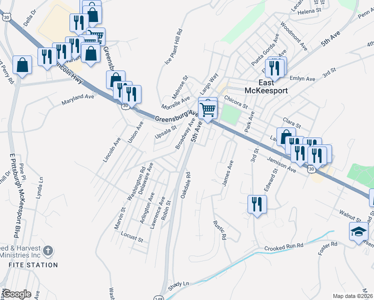map of restaurants, bars, coffee shops, grocery stores, and more near 1345 Wilmerding Avenue in East McKeesport