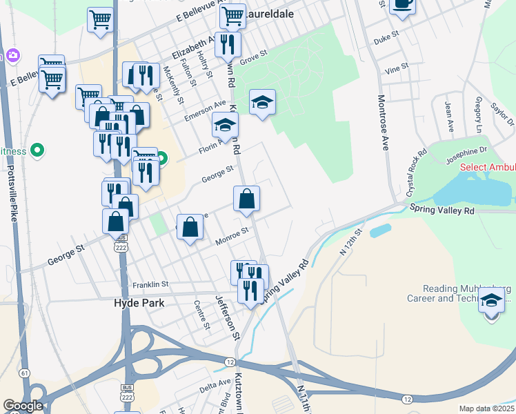 map of restaurants, bars, coffee shops, grocery stores, and more near 2915 Kutztown Road in Reading