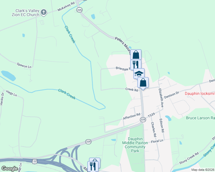 map of restaurants, bars, coffee shops, grocery stores, and more near 71 McElwee Road in Dauphin