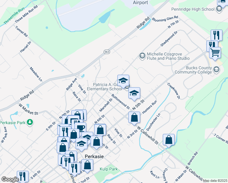 map of restaurants, bars, coffee shops, grocery stores, and more near 623 Buttonwood Street in Perkasie