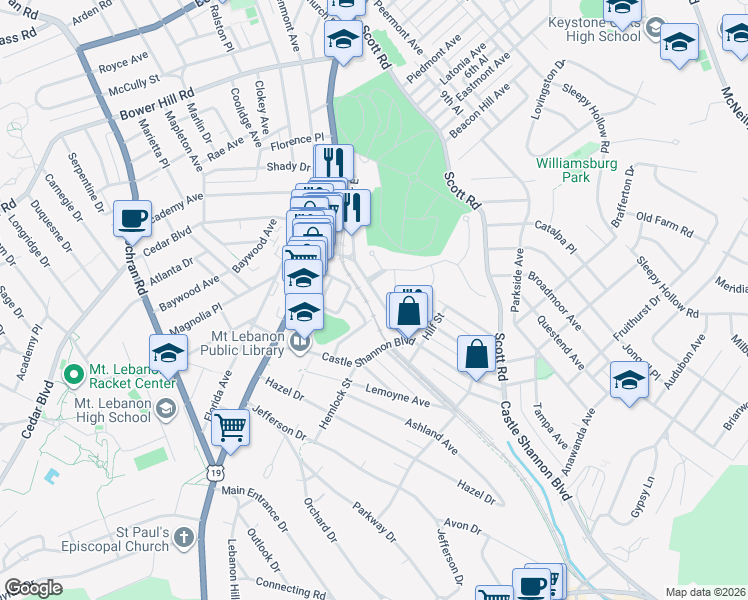 map of restaurants, bars, coffee shops, grocery stores, and more near 766 Shady Drive East in Mt. Lebanon