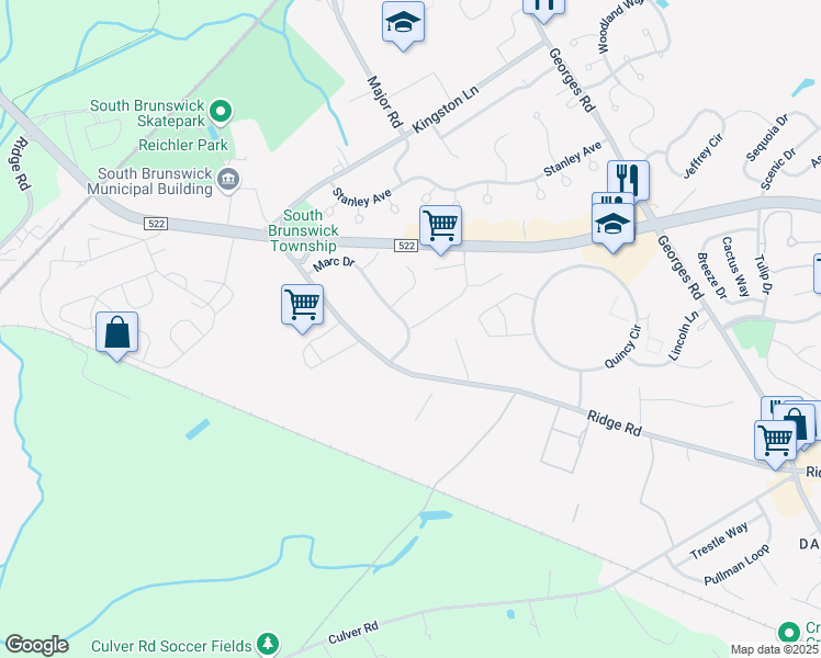 map of restaurants, bars, coffee shops, grocery stores, and more near 90 Hannah Drive in South Brunswick Township