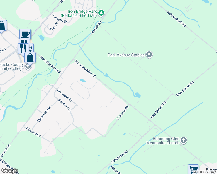 map of restaurants, bars, coffee shops, grocery stores, and more near 623 Blooming Glen Road in Perkasie