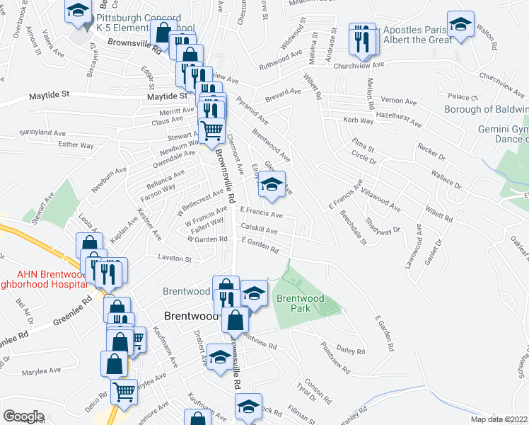 map of restaurants, bars, coffee shops, grocery stores, and more near E Francis Ave & Elroy Ave in Brentwood