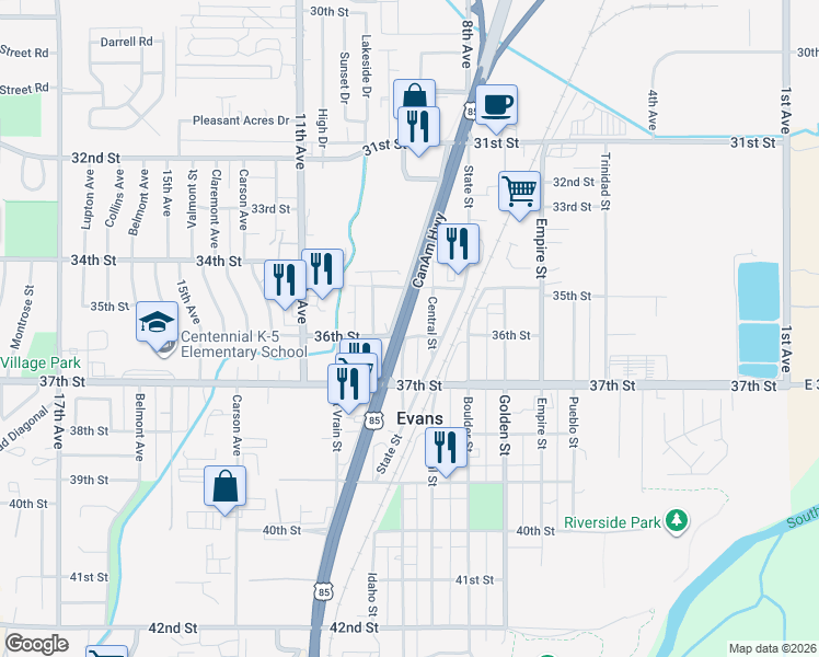 map of restaurants, bars, coffee shops, grocery stores, and more near 3602 Denver Street in Evans