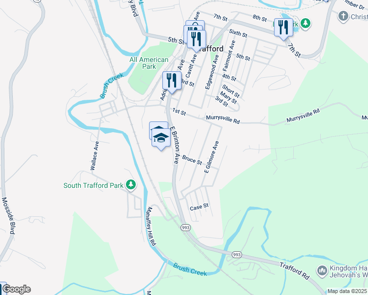 map of restaurants, bars, coffee shops, grocery stores, and more near 296 East Edgewood Avenue in Trafford