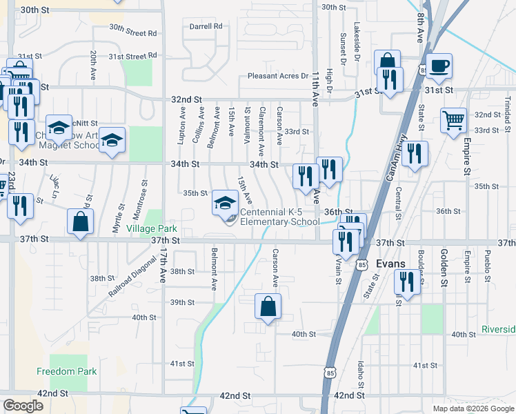 map of restaurants, bars, coffee shops, grocery stores, and more near 1402 36th Street in Evans