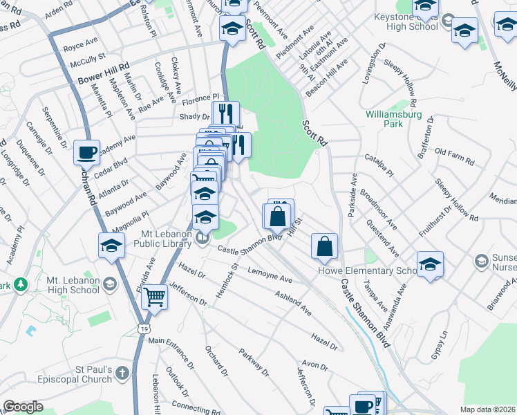 map of restaurants, bars, coffee shops, grocery stores, and more near 764 Shady Drive East in Mt. Lebanon