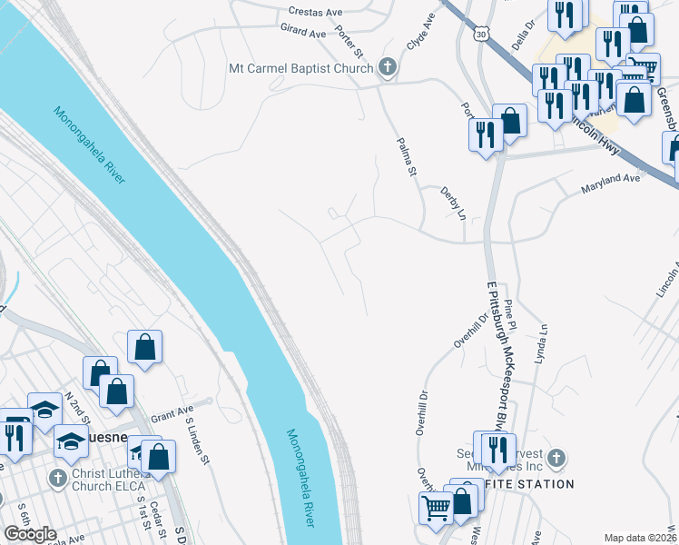 map of restaurants, bars, coffee shops, grocery stores, and more near 805 Westbury Road in North Versailles