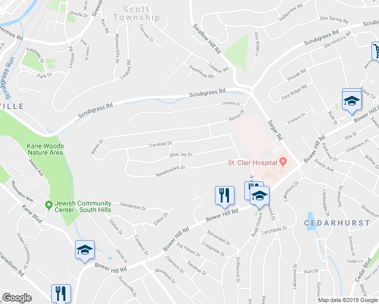 map of restaurants, bars, coffee shops, grocery stores, and more near 1244 Blue Jay Drive in Pittsburgh