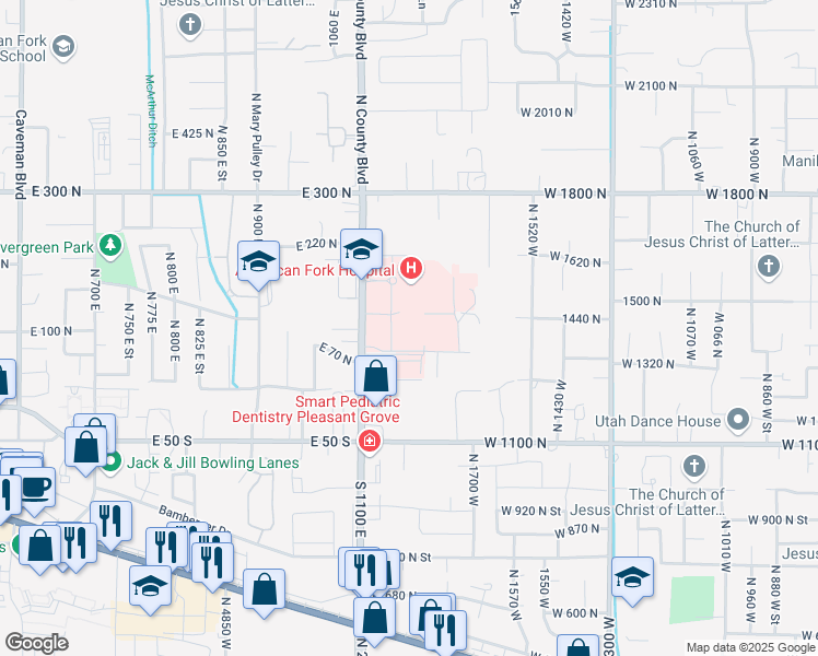 map of restaurants, bars, coffee shops, grocery stores, and more near 98 North 1100 East in American Fork