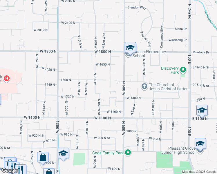map of restaurants, bars, coffee shops, grocery stores, and more near 1407 North 750 West in Pleasant Grove