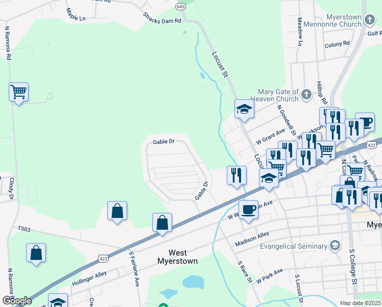 map of restaurants, bars, coffee shops, grocery stores, and more near 118 Gable Drive in Myerstown