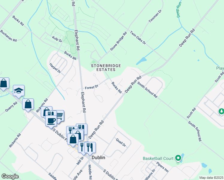 map of restaurants, bars, coffee shops, grocery stores, and more near 7 Hughes Lane in Perkasie