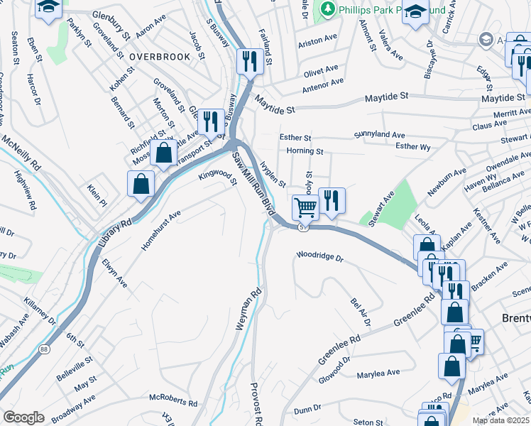 map of restaurants, bars, coffee shops, grocery stores, and more near 2648 Saw Mill Run Boulevard in Pittsburgh