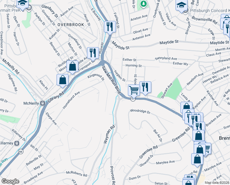 map of restaurants, bars, coffee shops, grocery stores, and more near 2648 Saw Mill Run Boulevard in Pittsburgh