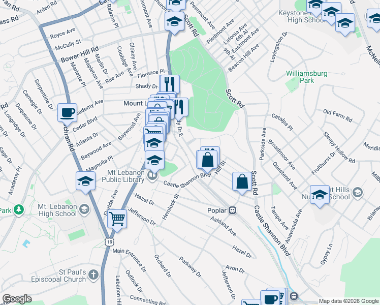 map of restaurants, bars, coffee shops, grocery stores, and more near 766 Shady Drive East in Mt. Lebanon