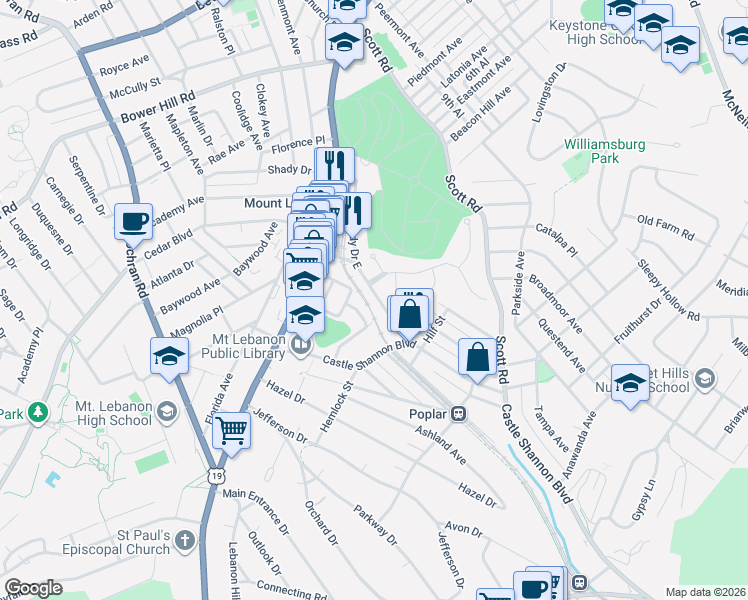 map of restaurants, bars, coffee shops, grocery stores, and more near 766 Shady Drive East in Mt. Lebanon