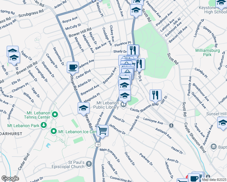 map of restaurants, bars, coffee shops, grocery stores, and more near 774 Washington Road in Mount Lebanon