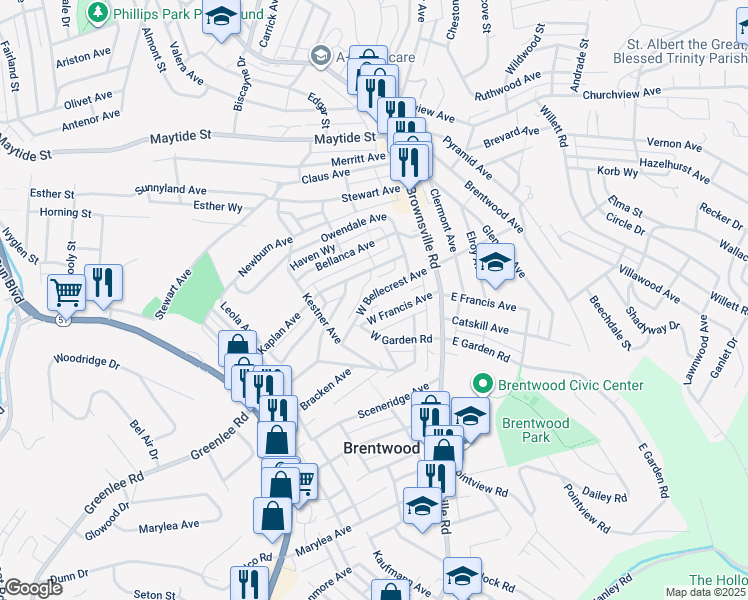 map of restaurants, bars, coffee shops, grocery stores, and more near 63 West Bellecrest Avenue in Pittsburgh