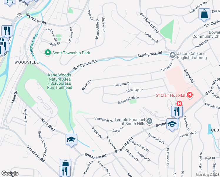 map of restaurants, bars, coffee shops, grocery stores, and more near 1393 Blue Jay Drive in Pittsburgh