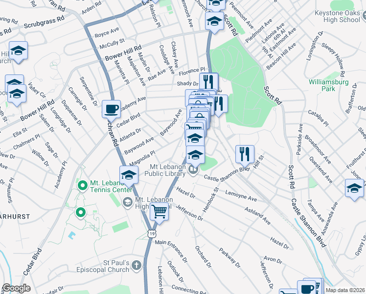 map of restaurants, bars, coffee shops, grocery stores, and more near 774 Washington Road in Mount Lebanon