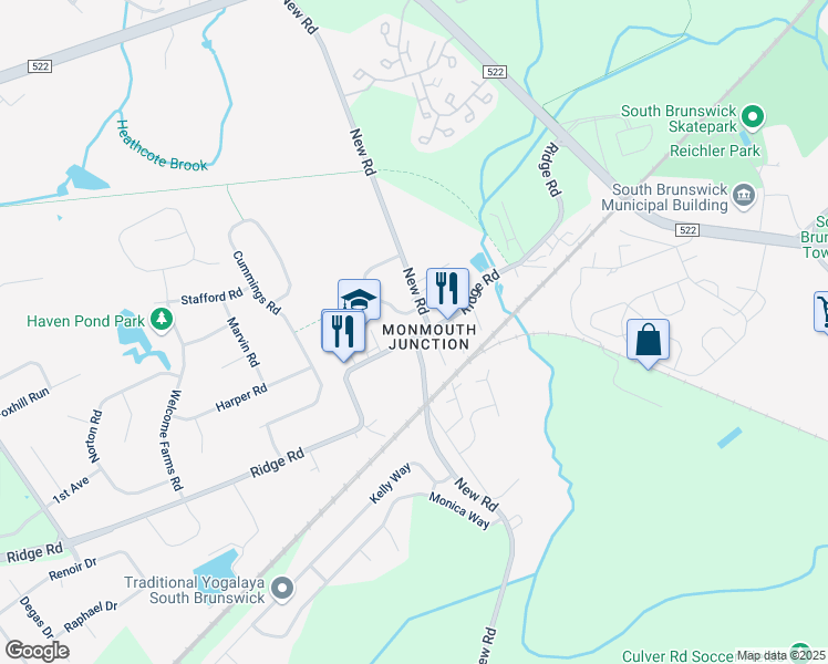 map of restaurants, bars, coffee shops, grocery stores, and more near 618 Ridge Road in South Brunswick Township