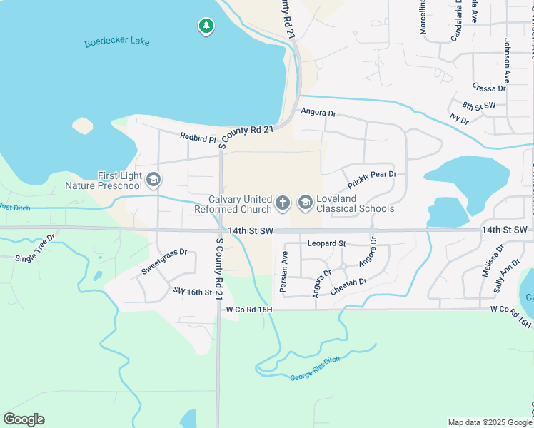 map of restaurants, bars, coffee shops, grocery stores, and more near 3907 14th Street Southwest in Loveland