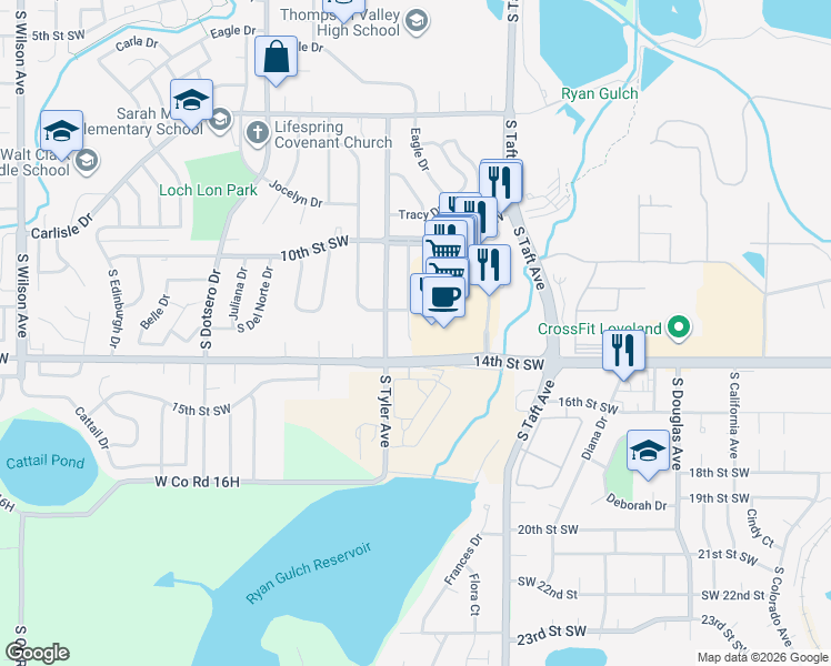 map of restaurants, bars, coffee shops, grocery stores, and more near 1300 Lavender Avenue in Loveland