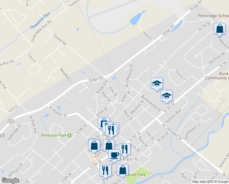 map of restaurants, bars, coffee shops, grocery stores, and more near 914 Vine Street in Perkasie