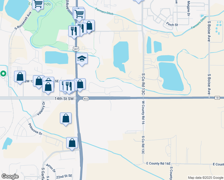 map of restaurants, bars, coffee shops, grocery stores, and more near 685 14th Street Southeast in Loveland