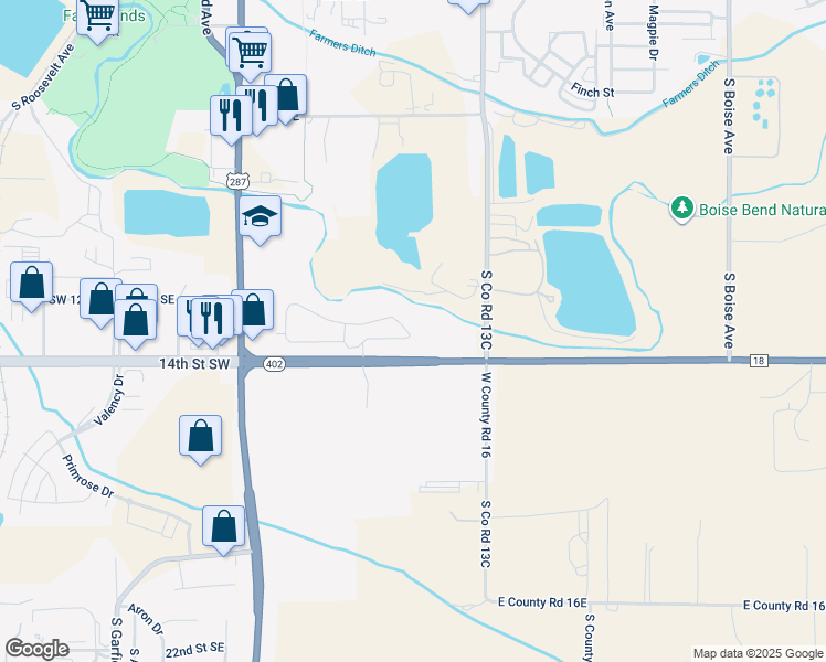 map of restaurants, bars, coffee shops, grocery stores, and more near 685-1059 14th Street Southeast in Loveland