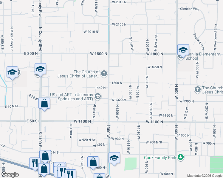 map of restaurants, bars, coffee shops, grocery stores, and more near 1381 North Manila Court in Pleasant Grove